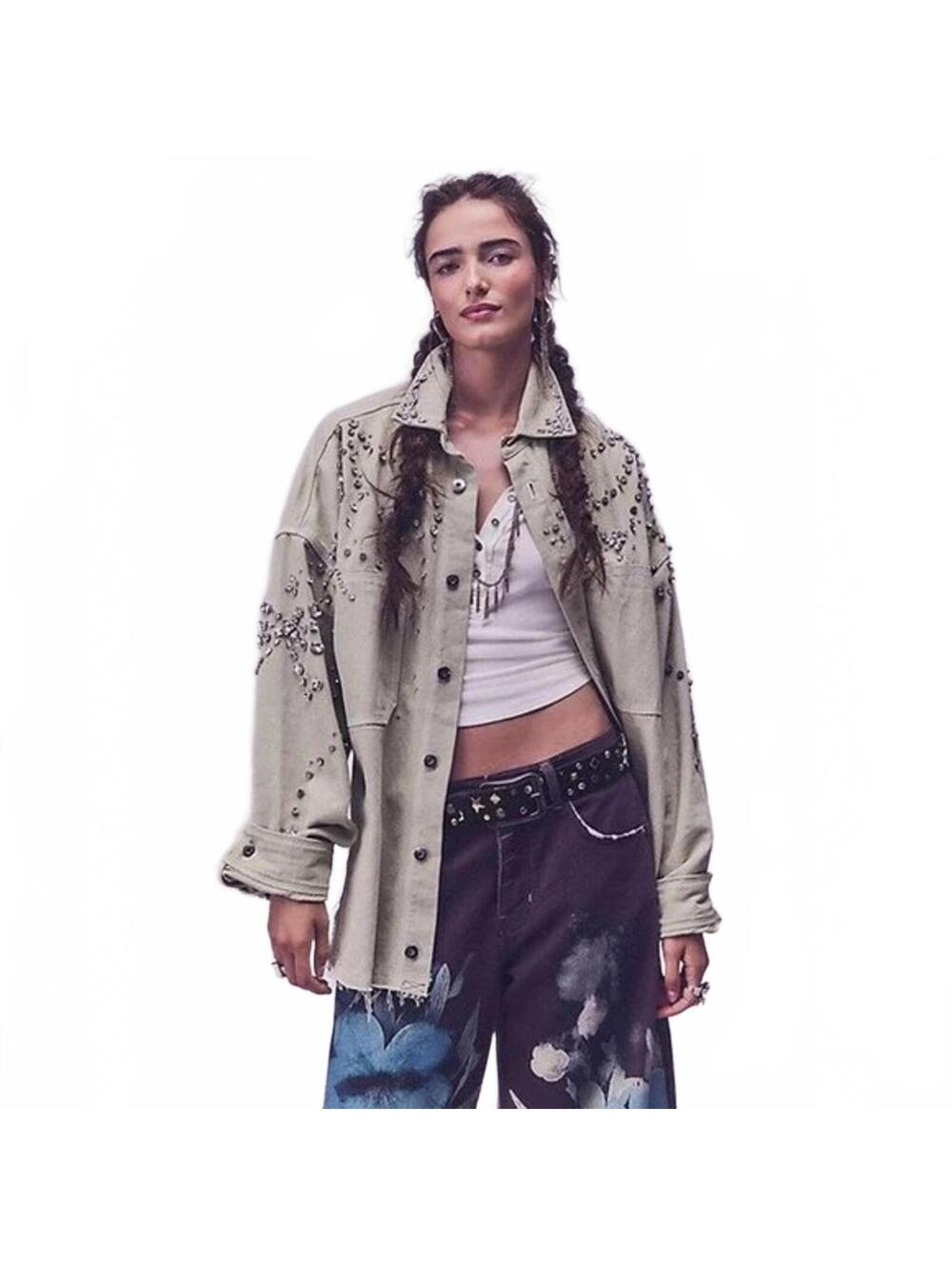 $248 Free People Natural Bells  Shacket Embellished Crystals Green Sz L #1260